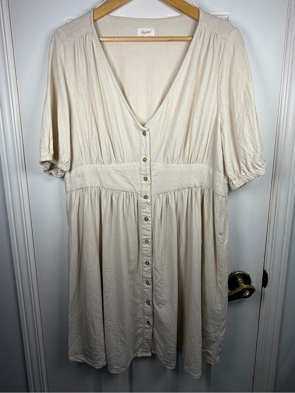 Lily Loves Beige Cream Linen Blend Dress Womens 18 Button Front V Neck Midi Boho